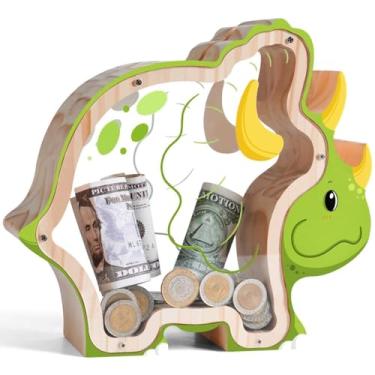 Imagem de Cofrinho Tricerátopo de dinossauro de madeira para crianças, cofrinho inquebrável, faça você mesmo, caixa de dinheiro segura personalizada com adesivos, presentes de batismo de aniversário para