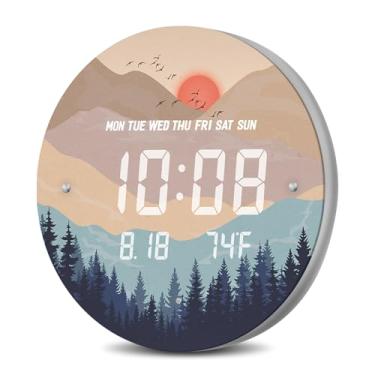 Imagem de SCOAGE Relógio de parede digital iluminado inteligente montanha silencioso 12/24H LED relógio de parede moderno grande relógio sem tique-taque com relógio de temperatura para sala de estar, quarto