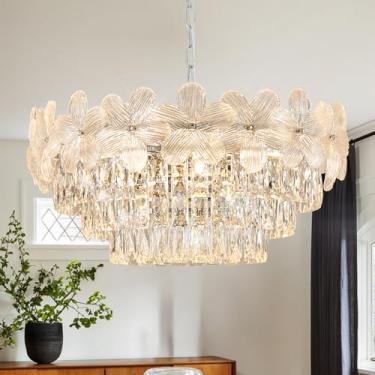 Imagem de Poemoon Lustre de cristal de flor moderno cromado 11 luzes 6 camadas lustre luxuoso luminária 61 cm para sala de estar sala de jantar cozinha entrada quarto hall de entrada, E12