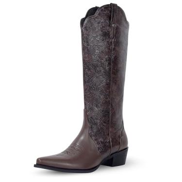Imagem de LeunDen Botas de caubói femininas, vintage cano alto em relevo Western Cowgirl com bico fino, salto grosso, botas de outono de couro sintético sem cadarço para mulheres 2025, Marrom, 37