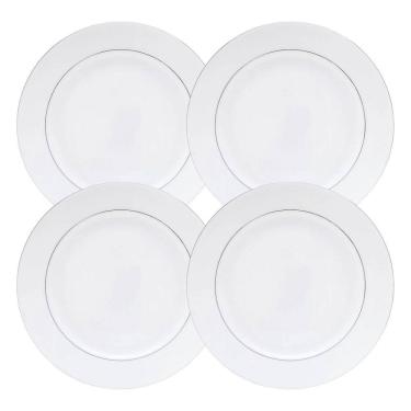 Imagem de Jogo De Pratos Fundo Kit 4Pcs 21Cm Borda Prata Mônaco Branco