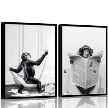 Imagem de 2 peças emolduradas arte de parede de banheiro pôster engraçado pintura macaco preto e branco impressão em tela divertida imagem animal quarto crianças casa de banho estudo país decoração casa de