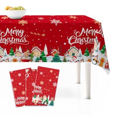 Imagem de Lknnxs Toalha de mesa de Natal, pacote com 3, retangular, 137 x 274 cm, toalha de mesa vermelha de Feliz Natal, capa de mesa de plástico para festivais, festas de Natal, árvores de inverno, decoração