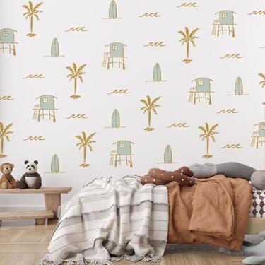 Imagem de Decalques de parede para prancha de surfe da cidade da praia, decoração temática de praia de verão, decalque de palmeira ondulado, para sala de estar, quarto, berçário, decoração de parede (Yello