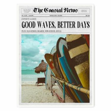 Imagem de Vintage Coastal Surf Wall Art Good Waves Better Days Impressão de jornal Retrô Prancha de Surfe Pôsteres em Tela para Prancha de Surf Vibrações do Oceano Relaxado Sala de Estar Surf Shack Dormitório