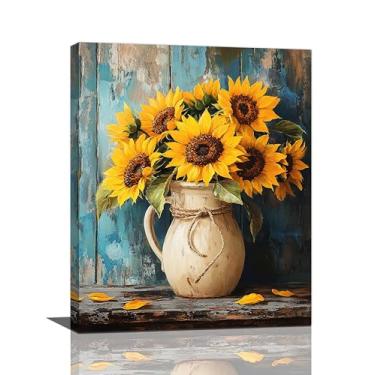 Imagem de Crekviy Arte de parede de girassol vintage flor decoração de parede fazenda impressão em tela pintura amarelo floral imagens decoração para banheiro quarto sala de estar arte emoldurada presentes 40.6