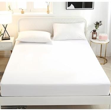 Imagem de Lençol com elástico solteiro - somente lençol de baixo de luxo de hotel - 100% algodão orgânico - lençol com elástico alto apenas, 99 cm x 190 cm + 35,5 cm (win, branco)