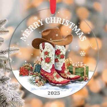 Imagem de Ornamento de Natal de botas de caubói - decoração de férias ocidentais 2025, ornamento de acrílico com chapéu de cowboy e presentes, decoração rústica de Natal country, presentes para mulheres, homens