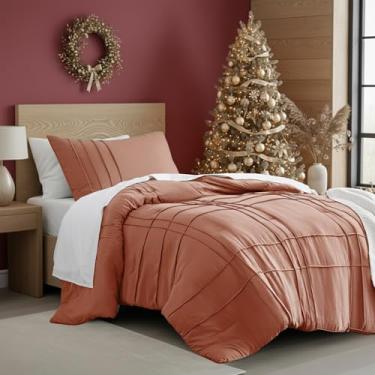 Imagem de Conjunto de edredom solteiro com pregas de beliscar – conjunto de cama de 2 peças com padrão quadriculado – microfibra pré-lavada, leve e fofo, tamanho solteiro, laranja, aquecimento para todas as