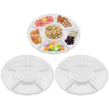 Imagem de CAOXIAOXUYAO Bandejas redondas de plástico de 30,5 cm com 6 compartimentos, 6 pratos secionais para servir pratos de comida para doces, nozes, vegetais, frutas, ação de graças (3, branco)
