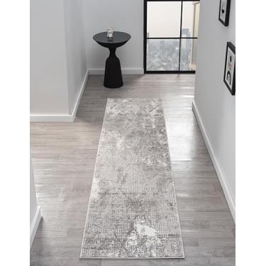 Imagem de RUGGERRUGS Adel Tapete moderno para cozinha, 6 x 18 cm rústico envelhecido abstrato cinza, tapete médio resistente a manchas para quarto, corredor ou entrada (5 x 18 cm, cinza)