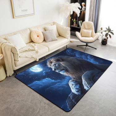 Imagem de Tapete de área de leão 3D, tapete de animais selvagens da África, para crianças, meninas, meninos, adultos, noite, enluarado, interior, tapete de entrada, misterioso, preto, azul, sala de estar