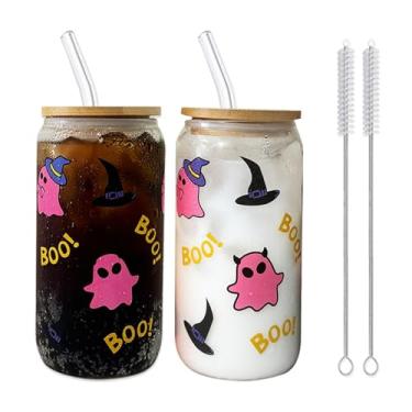 Imagem de anabox Copos de vidro que mudam de cor - Copo de copos com tampas de bambu e canudos, copo de vidro de 473 ml para café gelado, suco de chá, bebidas frias/quentes, copo de bebida com estampa de
