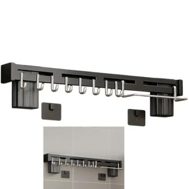 Imagem de Suporte Organizador de Utensílios de Cozinha em Aço Inoxidável, Preto, 50cm, 8 Ganchos, Montagem na Parede, com Kit de Fixação