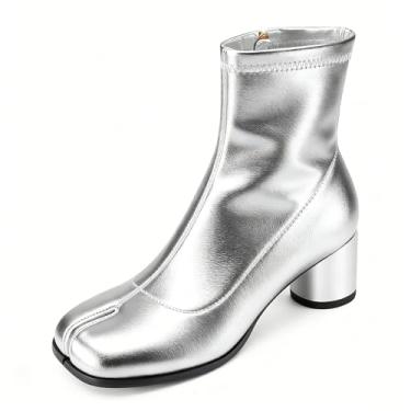 Imagem de Perisis Botas femininas Tabi, bico dividido, cano baixo, salto baixo, salto bloco, sapatos ninja japoneses, couro artificial, grosso, elástico, bota curta para mulheres confortáveis, Prata, 39