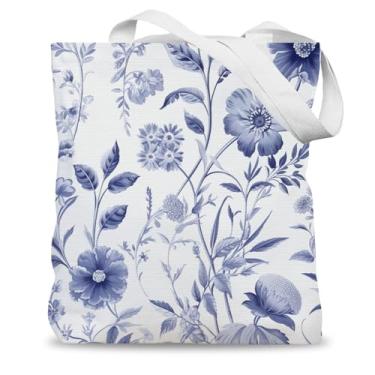 Imagem de LADOCK Sacola floral chinoiserie azul e branca, sacola vintage rústica de lona botânica para mulheres, sacolas de compras de supermercado reutilizáveis florais da Grandmillennial