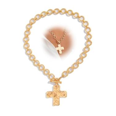 Imagem de YNZGYBY Colar grosso com pingente de cruz em camadas de ouro 14K, vintage, grosso, cruz, martelado, fecho, gargantilha para mulheres, joias modernas com fivela OT, Large, Zinco, Sem Pedra Preciosa