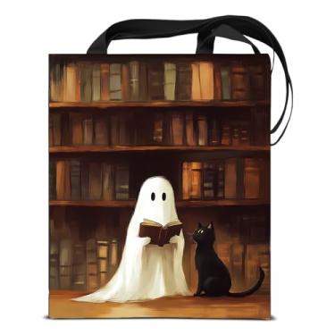 Imagem de KSFFWQIN Bolsa feminina de lona fantasma assustadora para leitura de fantasmas, gótica, reutilizável, mercearia, bolsa de ombro para compras, trabalho, classe de viagem, amantes de livros, sacolas