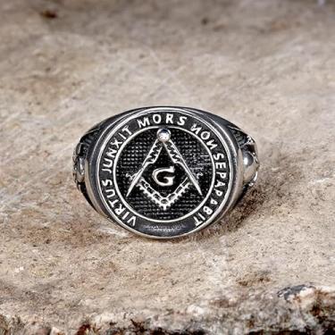 Imagem de Anel de caveira de aço inoxidável com símbolo de maçom – Ícone maçônico com olho que tudo vê, design de caveira gótica inspirado na maçonaria, Aço inoxidável, Sem pedra preciosa