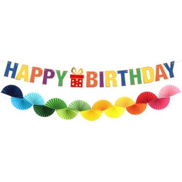 Imagem de KatchOn, Faixa de feliz aniversário arco-íris com guirlanda de leque de papel - 2 cordas, pré-esticada | Guirlanda para decorações de feliz aniversário | Decoração de festa arco-íris