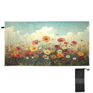 Imagem de ATTX Toalha de praia com pintura a óleo de flores silvestres 70 x 188 cm - Cobertor de microfibra leve de secagem rápida e resistente à areia para piscina, ioga, academia e viagens | Esportes de banho