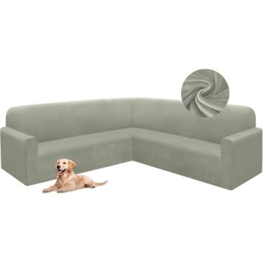 Imagem de HDCAXKJ Capas de sofá seccionais de veludo elástico em forma de L, conjunto de capas de sofá macias e grossas, em forma de U, protetor de móveis mágicos antiderrapantes para cães de estimação (verde