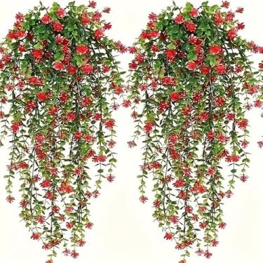 Imagem de [Resistente a UV] Vinhas artificiais de folha de eucalipto | Pacote com 2 | Plástico | Resistente a UV | Decoração ao ar livre | Ocasião de recuperação (vermelho)