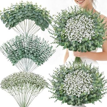 Imagem de Serwalin 125 peças, 3 tipos de hastes mistas de eucalipto, flores artificiais de hálito de bebê a granel com folhas de vegetação sintética para buquês faça-você-mesmo, arranjos florais de casamento