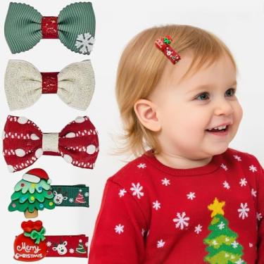Imagem de Clipes de cabelo para bebês de Natal – Pacote com 5 clipes de cabelo infantis com design de chapéu de Papai Noel, árvore de Natal e sacos de presente, todos os laços de cabelo cobertos de tecido para