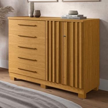 Imagem de Cômoda Bella 2 Portas 5 Gavetas 100% Mdf Ripado Cinamomo - Acp Móveis