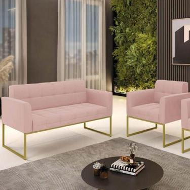 Imagem de Kit 1 Sofá Namoradeira E 1 Poltrona Elisa Veludo Rosê Base Metálica In