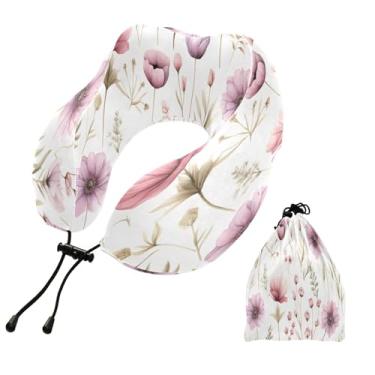 Imagem de CEBUGI Travesseiros de viagem portáteis em forma de U, travesseiro de pescoço de espuma viscoelástica com trava de corda ajustável para avião, viagem, trem, negócios, escritório, soneca (flor)
