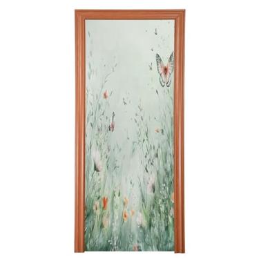 Imagem de Wassud Capa para porta, decoração grande de flores silvestres e borboletas, 96 x 98 polegadas, faixa elástica para porta interna para varanda e porta da frente