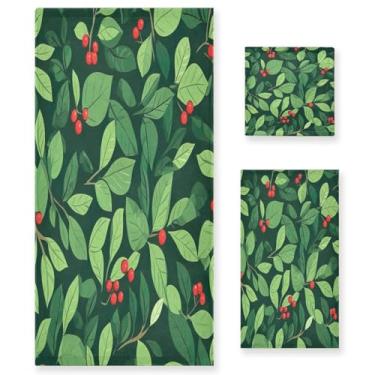 Imagem de Wassud Conjunto de 3 toalhas de banho de folhas de azevinho de Natal, toalhas super macias e absorventes para banheiro, toalhas de banho de secagem rápida, toalha de banho para academia, spa