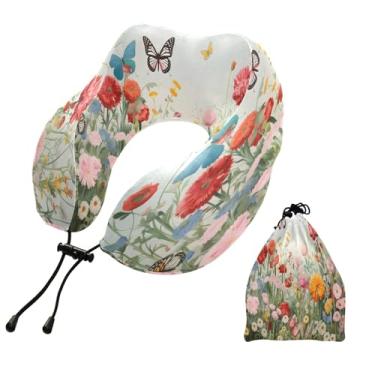 Imagem de CEBUGI Travesseiros de viagem portáteis em forma de U, travesseiro de pescoço de espuma viscoelástica com trava de corda ajustável para avião, viagem, trem, negócios, escritório, soneca (flor da