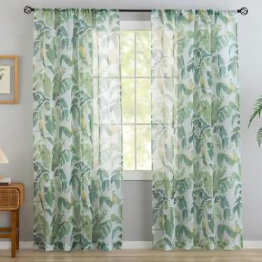 Imagem de Conkov Cortinas verdes transparentes de 244 cm de comprimento, folhas tropicais e pássaros, para sala de estar, decoração botânica leve para quarto, sala de jantar, bolso de varão, 127 cm L x 243 cm C