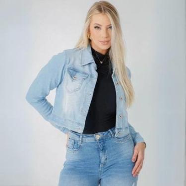 Imagem de Jaqueta Feminina Cropped Jeans Bolsos Frontais Azul Fecho em Botões Lycra-Feminino