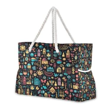 Imagem de Wassud Bolsa de praia com estampa de objetos coloridos grandes bolsas de praia para mulheres, à prova d'água, à prova de areia, bolsa de viagem com zíper e bolso para piscina, academia, acampamento