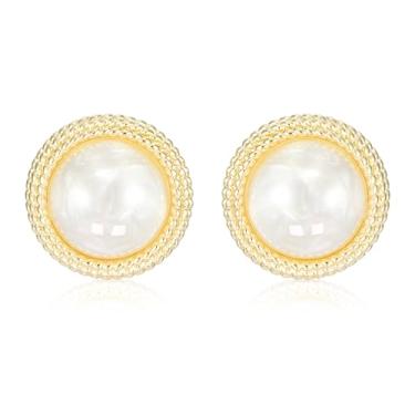 Imagem de Mierfyni Brincos de botão banhados a ouro 14K para mulheres – cúpula de resina perolada branca vintage com acabamento em ouro, brincos redondos grandes, Resina, Sem pedra preciosa