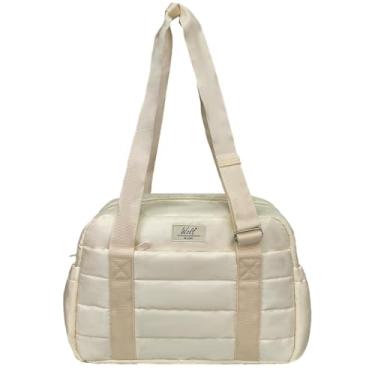 Imagem de WOLT Bolsa de ginástica pequena para mulheres, bolsa de ginástica de 35,5 cm com bolso úmido e seco, bolsa esportiva acolchoada para viagens de fim de semana, Bege