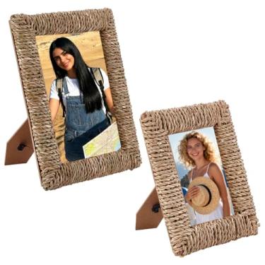 Imagem de WADORN Conjunto de 2 porta-retratos de vime tecido, 7 x 12 cm, 12 x 17 cm, natureza, tecido de vime, exibição de fotos boho feita à mão para estante de livros em casa, parede, mesa, presente para