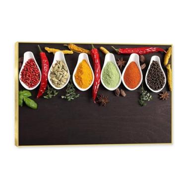 Imagem de NHLDZYH Moldura dourada. Arte de parede em tela de especiarias coloridas e colher de tempero | Decoração de cozinha vintage | Arte moderna para casa e sala de jantar. B36. 80 x 120 cm - 31,5 x 47,3