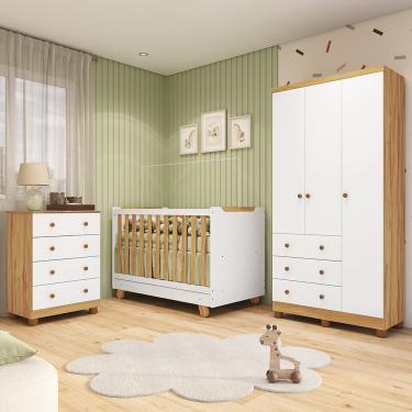 Imagem de Quarto de Bebê Completo com Guarda-roupa 3 Portas Cômoda e Berço 4em1 Minicama em MDF Zuri Móveis Peroba - Branco Brilho/Amendoa