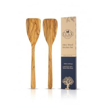 Imagem de Conjunto de 2 espátulas de madeira de oliveira – fina e leve para cozinhar delicadamente – perfeita para omeletes, crepes, panquecas e refogados leves – Segura para panelas antiaderentes