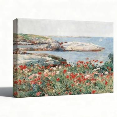 Imagem de Arte de parede floral costeira, pintura a óleo em tela, penhascos à beira-mar com flores silvestres vermelhas e veleiros, arte de paisagem oceânica, decoração de parede de casa de praia para quarto