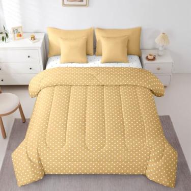 Imagem de Erosebridal Conjunto de edredom amarelo pontilhado com bolinhas brancas em uma bolsa, conjunto de cama geométrico, 7 peças, decoração de quarto, estampa moderna, roupa de cama com lençóis