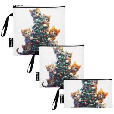 Imagem de TSENQUE Saco de sanduíche reutilizável de gato fofo de Natal com zíper seguro para alimentos lavável para escola, escritório, viagens, trabalho (pacote com 3)