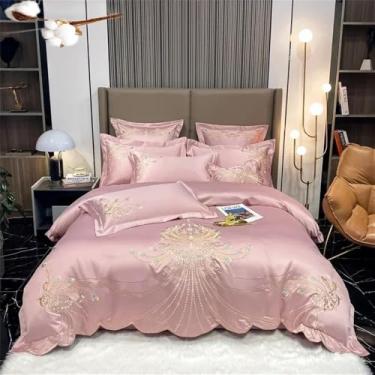 Imagem de Jogo de cama de algodão com bordado de penas douradas, capa de edredom dupla, lençóis e fronhas, violeta, tamanho king (4 peças).