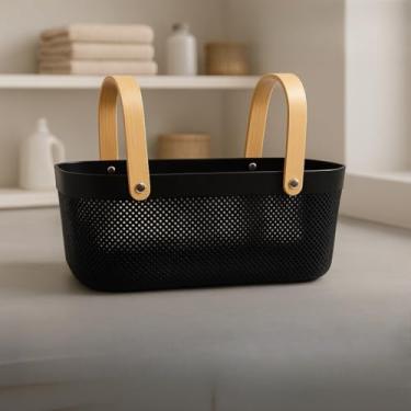 Imagem de Cesto Organizador de Plástico com Alça de Bambu – Multiuso para Cozinha e Banheiro(RETANGULAR PRETO)