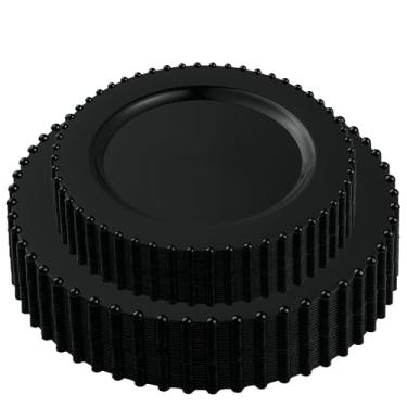 Imagem de PLASTICPRO Combo de 64 peças de pratos de jantar de plástico descartáveis de plástico extravagante pratos de festa resistentes 17,8 cm e 25,4 cm, contas pretas